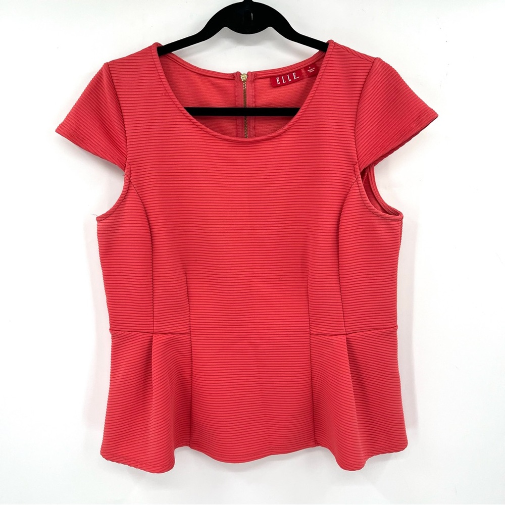ELLE Peplum Top Blouse Ribbed Short Sleeve Top Coral Orange Pink L Stretch Zip